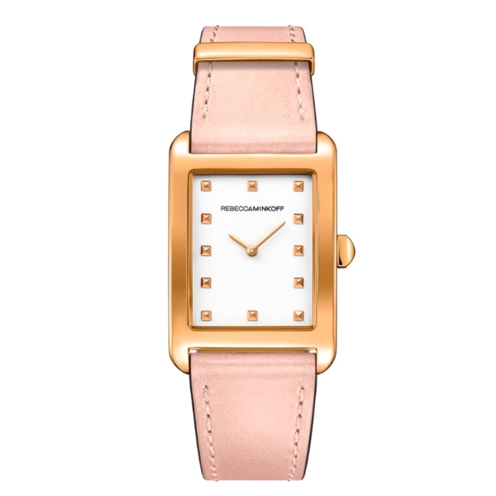 ⬇️🔴 REBECCA MINKOFF rose gold blush pink leather strap wrist watch ⌚️ 🌸